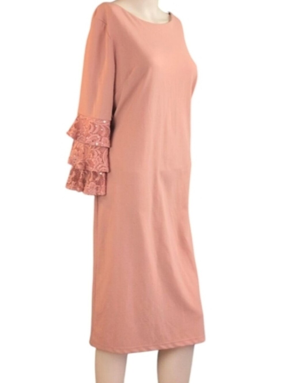 Shelby Nites Pink Dress Bell Sleeves Tiered Lace Size 14
